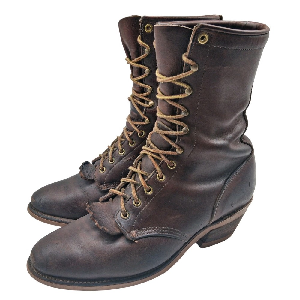 Chippewa Leather Western Boots Mens 9.5 Brown Lace Up Fringe Mid Calf Vibram